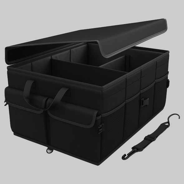 Foldable car boot organizer with compartments and safety straps